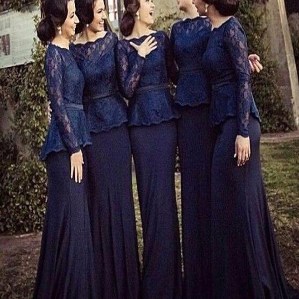 Long Bridesmaid Dress,Long Sleeve Navy Blue Bridesmaid Dress