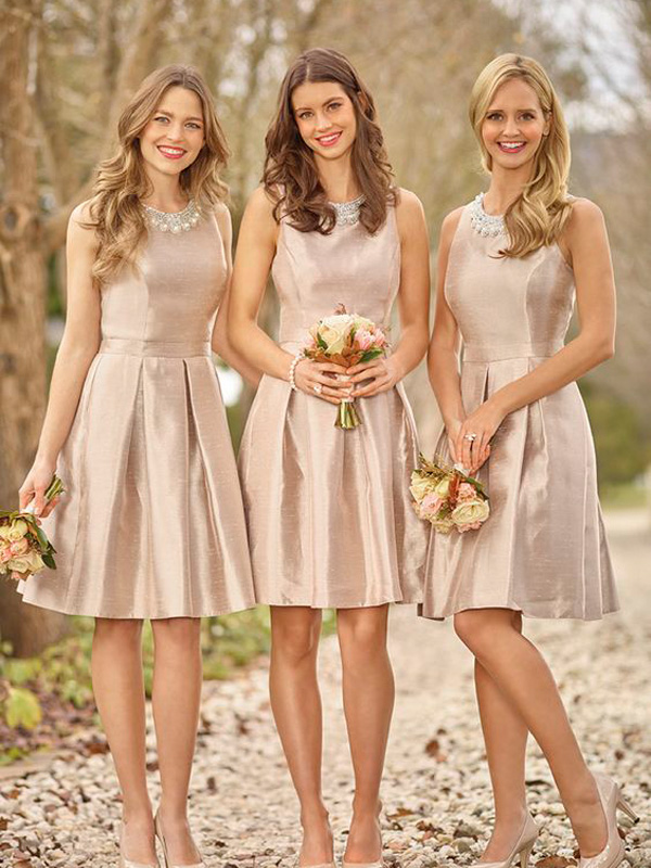 Champagne Fit And Flare Short Bridesmaid Dress With Pearl Neckline On Luulla 